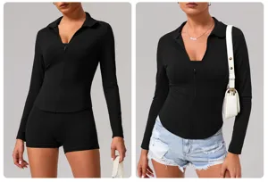 Damen einfarbige langärmelige Sportjacke mit Stehkragen und Reißverschluss für Fitness.
