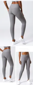 Graue gerippte High-Waist Yoga Leggings fuer Damen Fitness Gym Workout Sportbekleidung Hose.