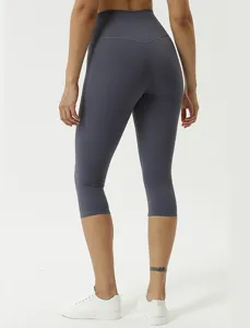 Damen High Waist Yoga Capri Leggings doppelt gebürstet butterweich Sporthose grau