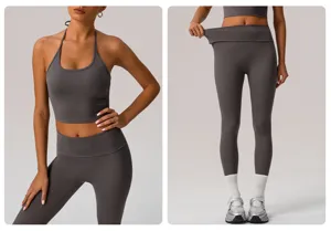 Conjunto deportivo de mujer top halter corto y leggings de cintura alta para fitness entrenamiento