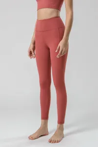 Pantalón de yoga de talle alto con bolsillos para mujer, leggings de fitness efecto desnudo.