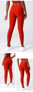 Rote gerippte High-Waist Yoga Leggings für Damen, nahtlose Fitnesshose und Workout Sportkleidung.