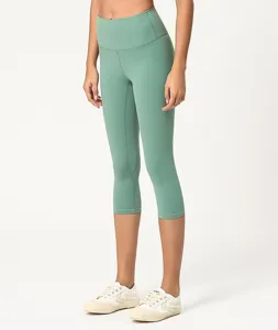Damen hohe Taille verkürzte Yogahose doppelt gebürstet Capri Leggings atmungsaktiv Fitness