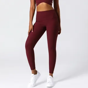 Damen hohe Taille gerippte Sport Leggings weinrot Fitness Yoga Hose Sportbekleidung