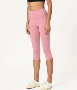 Damen High Waist Capri Yogahose, doppelseitig gebürstete Sportleggings in Rosa neu.