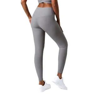 Hoch Taille gerippte Yoga Leggings für Damen, graue Fitness Hose mit Po-Push-Up und Bauchweg.