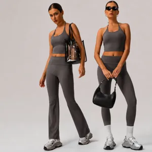 Conjunto de Yoga Deportivo para Mujer Crop Top Halter y Leggings Cintura Alta Gimnasio Fitness
