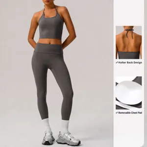 Conjunto de yoga halter mujer leggings cintura alta secado rapido ropa deportiva fit