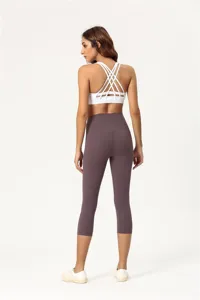 Damen hohe Taille 3/4 Yogahose doppelt gebürstet Sportbekleidung Detail Rückansicht Fitness