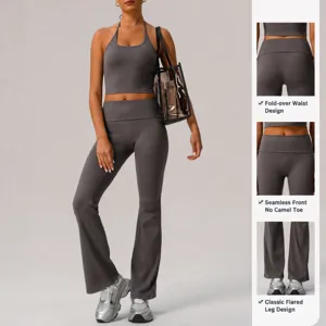 Conjunto yoga fitness mujer crop top halter cintura alta pantalones campana sport