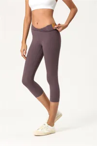 Damen Crossover High Waist 3/4 Yoga Leggings mit Tasche, atmungsaktive Fitness Sporthose.