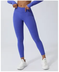 Blaue hohe Taille nahtlose Po-Lifting Yoga Hose V-Bund Fitness Gym Running Leggings Detail.