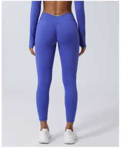 Blaue V-Bund Yoga Leggings mit Scrunch Butt für Fitness Training und Running Rückansicht