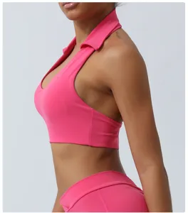 Soutien-gorge de sport rose dos nu avec col à revers, haut de yoga fitness et course.