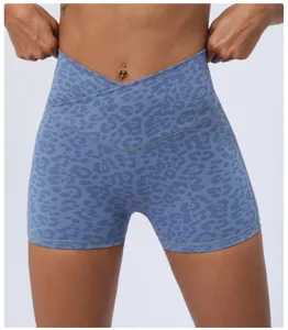Short de yoga taille haute croise imprime leopard bleu, short de fitness stretch fesses rebondies.