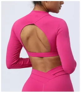 Langarm rückenfreies Yoga Crop Top für Damen Fitness Sportbekleidung Detailansicht