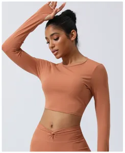Mujer manga larga crop top fitness ropa deportiva de color solido yoga conjunto activo