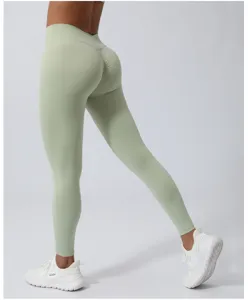 Damen Hohe Taille Scrunch Butt Yoga Leggings V-Bund Fitness Workout Laufhose grün.