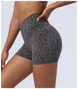 Short de yoga léopard taille haute croisée, short de fitness élastique push-up.