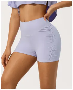 Pantalones cortos de yoga fruncidos de talle alto para mujer, shorts deportivos fitness.
