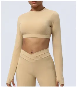 Langarm Crop Top Sportbekleidung Detail, einfarbig Nude Fitness Workout Oberteil Damen.