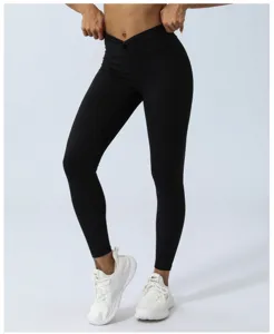 Leggings da yoga neri a vita alta incrociati a V da donna, pantaloni fitness elasticizzati.