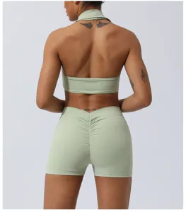 Green halter crop top scrunch butt yoga shorts set gym activewear women fitness outfit