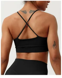 Reggiseno sportivo nero con schiena incrociata da donna, top fitness yoga elegante.