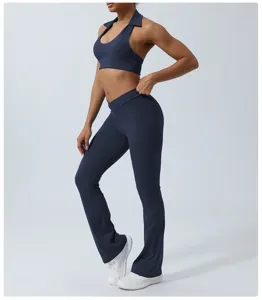 Women yoga set activewear deep blue halter sports bra flared pants gym workout active suit
