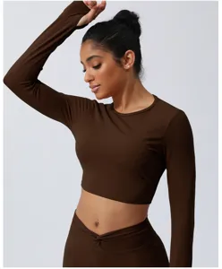 Top corto de yoga de manga larga marrón para mujer fitness ropa deportiva camiseta