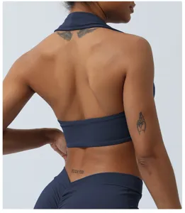 Top court de yoga dos nu pour femmes soutien-gorge de sport fitness bleu marine