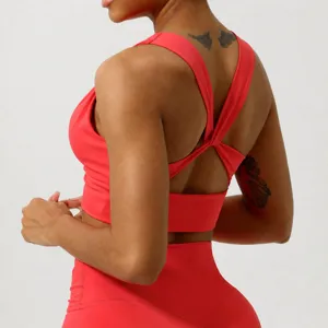 Soutien-gorge de Sport de Yoga pour Femmes Col en V Dos Croisé Rembourré Top de Fitness
