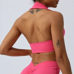 Gilet de Yoga Halter pour Femmes Vêtement de Sport Soutien-gorge de Sport Athlétique Dos Froncé Fitness Course Entraînement Crop Top