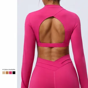 Damen Langarm Bauchfreies Yoga Top Sportbekleidung Fitness Athletisches Shirt Unifarben Rückenfrei Fitnessstudio Sportkleidung