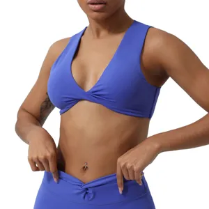 Soutien-gorge de sport croisé femme rembourré haut de yoga fitness entraînement bleu top