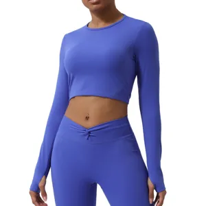 Top de Yoga de Manga Larga para Mujer Slim Fit Secado Rápido Camiseta Deportiva Espalda Descubierta Nudo Crop Activewear Fitness