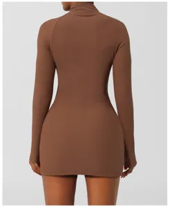 Brown long sleeve ribbed turtleneck mini dress for fitness and casual wear active lifestyle.