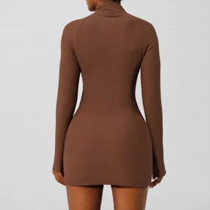 Women's Long Sleeve Zip Up Ribbed Yoga Jumpsuit Athletic Fitness Slim Fit Sports Dress Activewear Workout Outfit