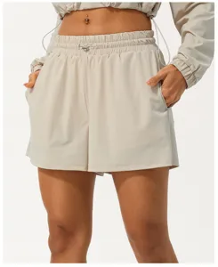 Mujeres beige casual deportivo cordón pantalones cortos vista detallada con cintura elástica