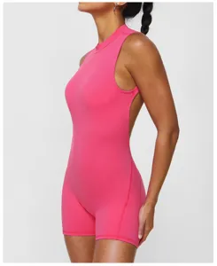Combi-short de yoga sans manches dos nu pour femme, combinaison de sport respirante pour fitness.