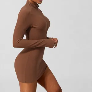 Women long sleeve ribbed half zip fitness yoga romper slim fit athletic mini dress