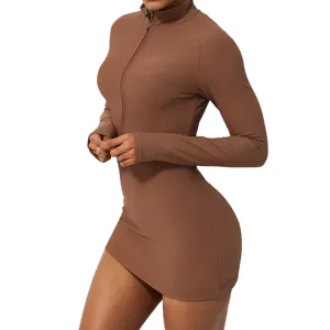 Brown ribbed long sleeve half-zip activewear yoga dress tight fitness sports romper jumpsuit