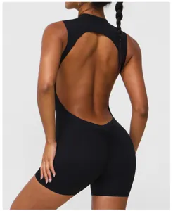 Combinaison de yoga sans manches dos nu pour femme, details de fitness respirants.
