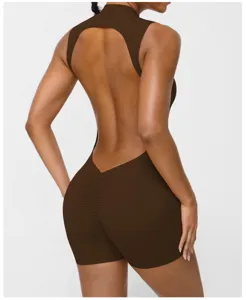 Combinaison de yoga dos nu sans manches pour femme avec effet push-up plissé, sport respirant.