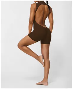 Combinaison yoga dos nu sans manches femme marron fitness sportswear vetement sport