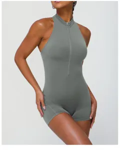 Naadloze fitness jumpsuit voor dames met ritssluiting aan de voorkant strakke yogapak sport.