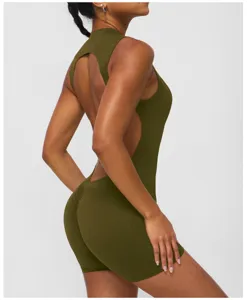 Combinaison de yoga sans manches dos nu, tenue de sport froncée push-up pour entraînement fitness.
