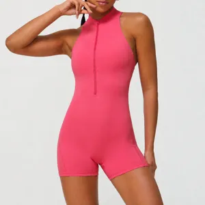 Dames Naadloze Sport Jumpsuit Opstaande Kraag Rits Korte Romper Workout Fitness Yoga Sportkleding