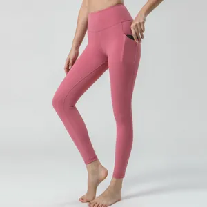 Mallas de yoga rosas de talle alto con bolsillo lateral, pantalón de fitness suave.