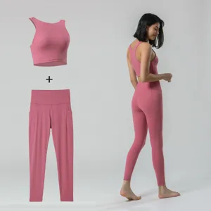 Ensemble de Yoga d'Entraînement Sans Coutures pour Femmes Taille Haute Poche Fitness Course Activewear Haut et Bas